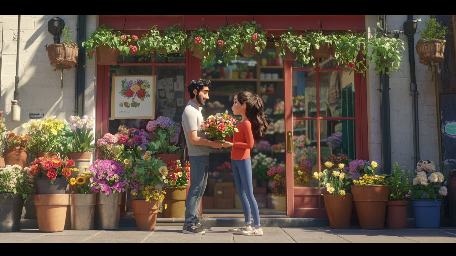 Male passerby greets female florist outside shop in 5pm.