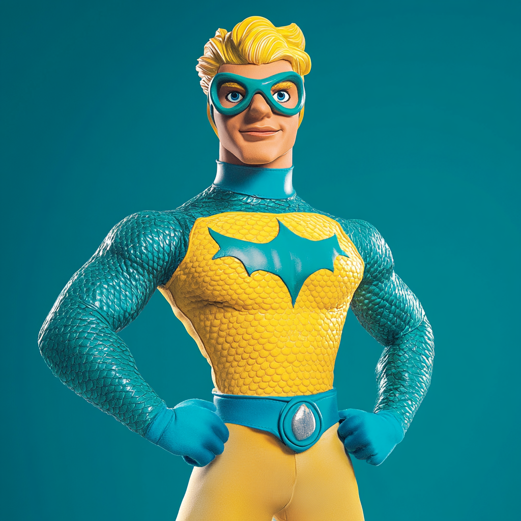 Male puppet hero with blonde and blue aquatic costume