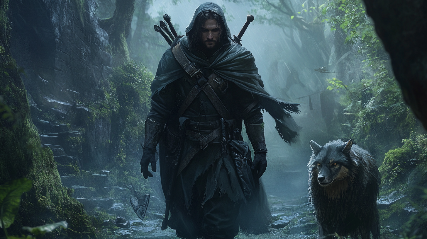 Male ranger in dark fantasy with animal companion, outdoors.