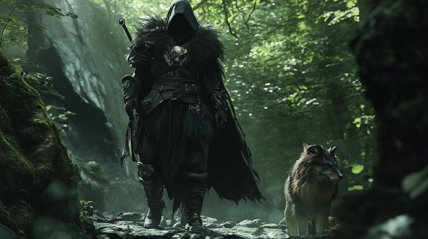 Male ranger with fantasy race animal companion in action.