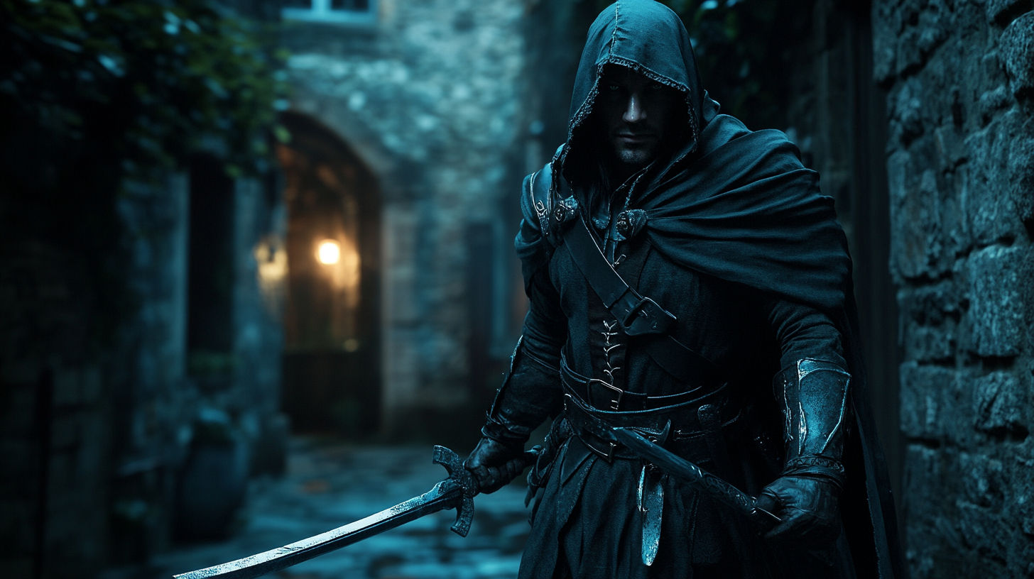 Male rogue thief in dark fantasy setting poses.