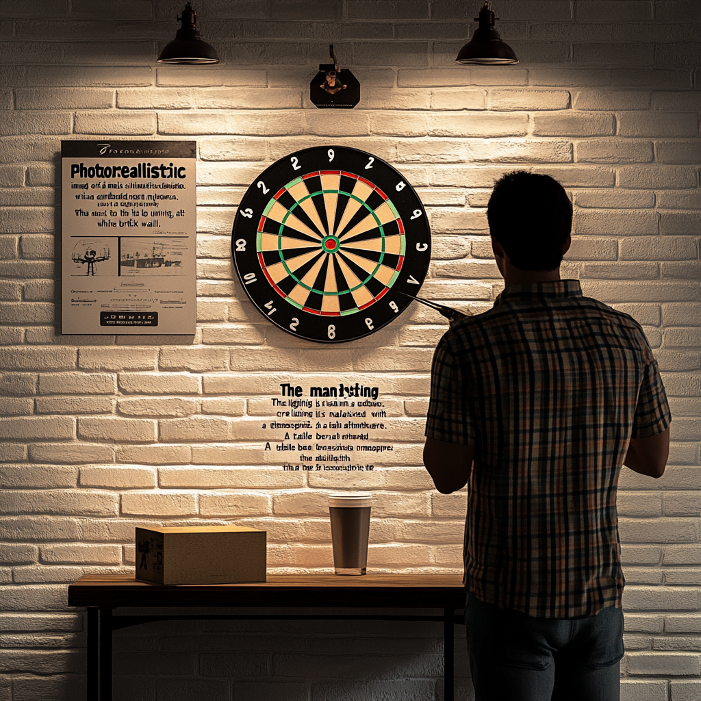 Male silhouette playing darts indoors aiming at board.