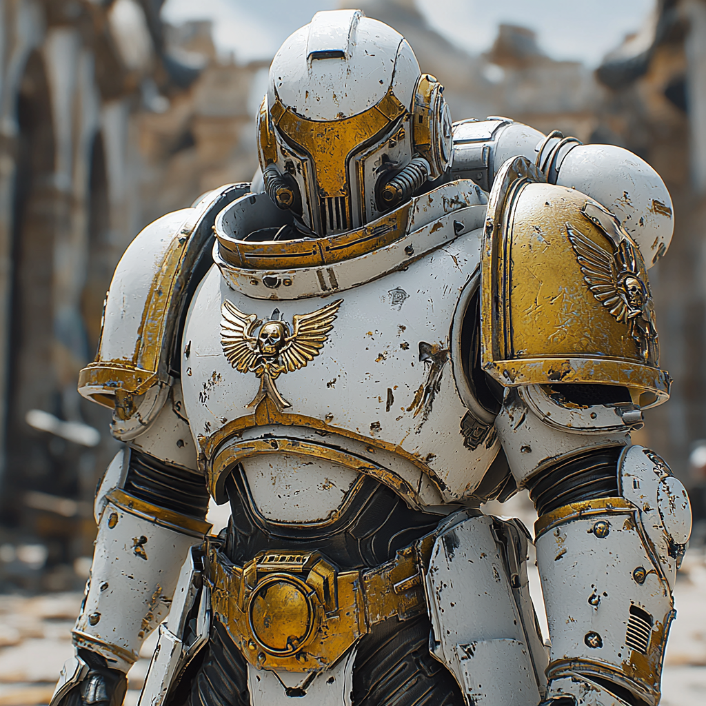 Male space marine in gold and white armor fighting