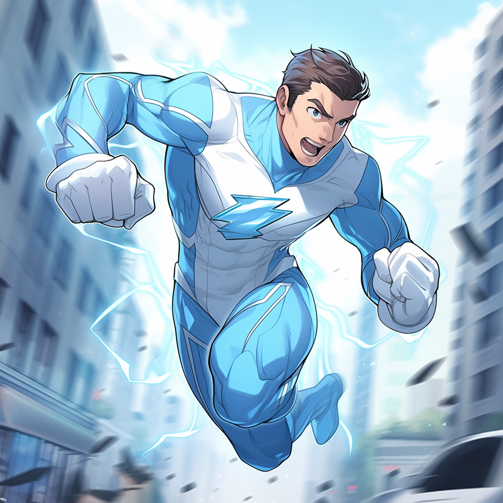 Male superhero Speedster sprinting in light blue costume. City backdrop.