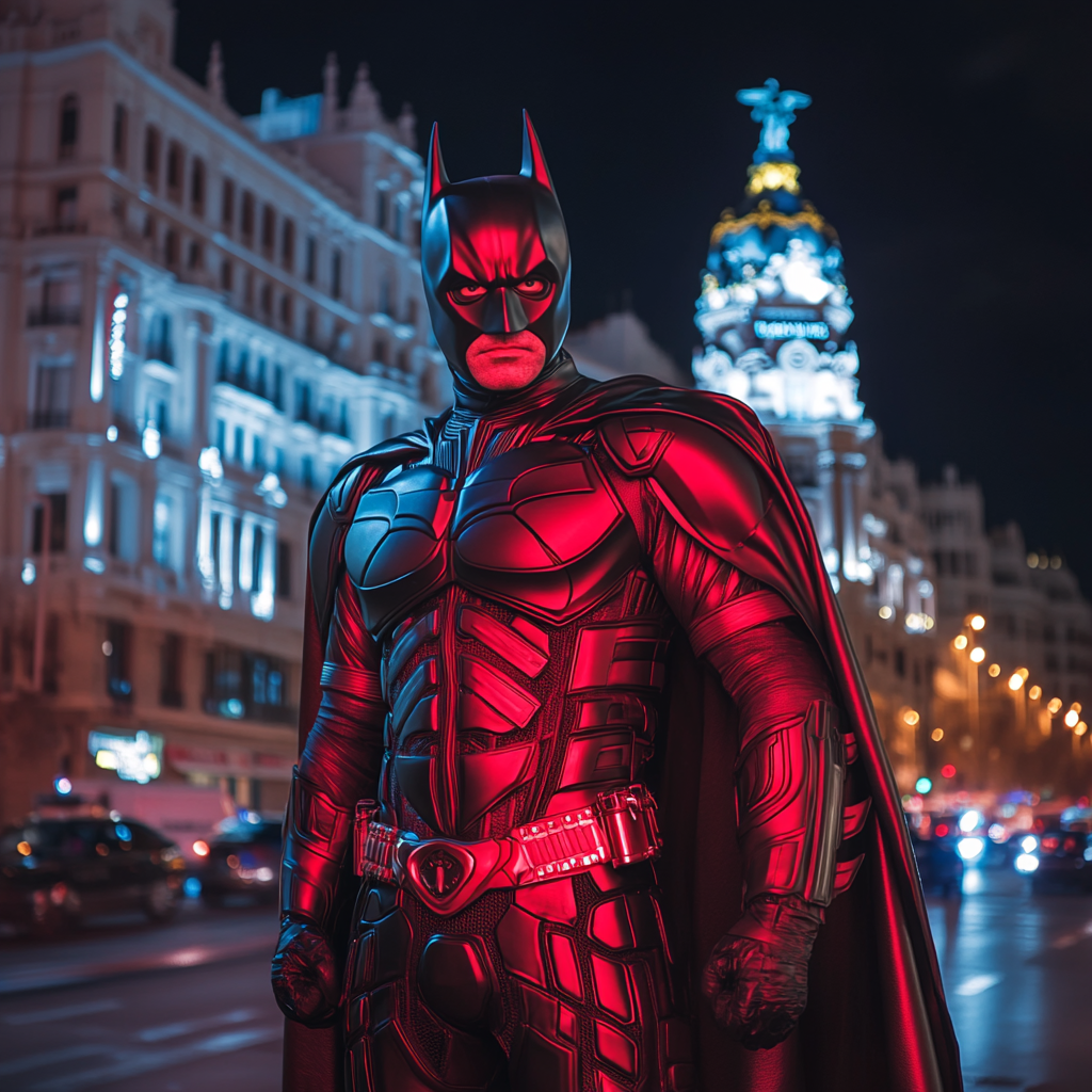 Male superhero in red costume, mix of Darth Vader and Batman, Gran Vía, Madrid, night view