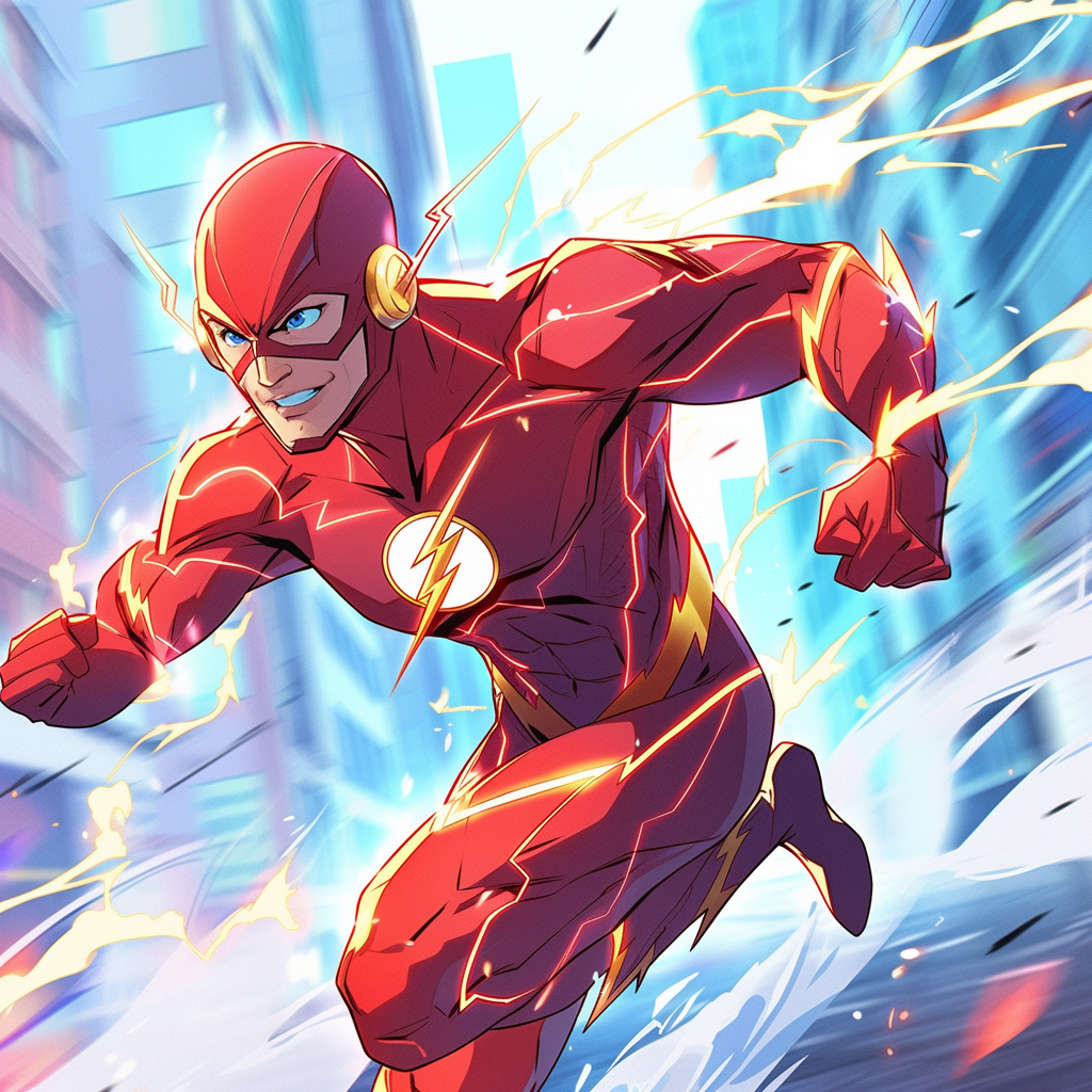 Male superhero speedster running in city wearing speed-based costume.