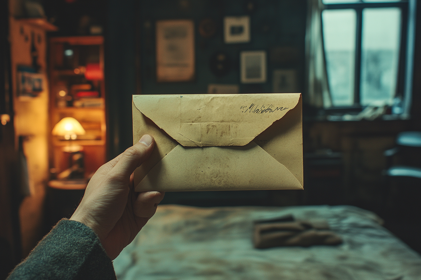 Male teen in blazer holds envelope with return address.