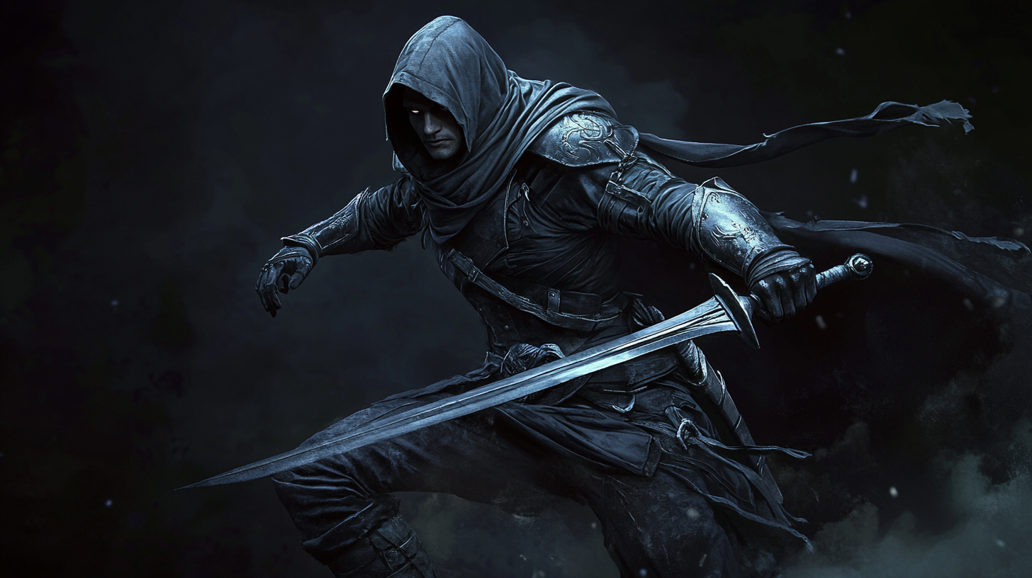 Male thief fighting in dark fantasy setting.