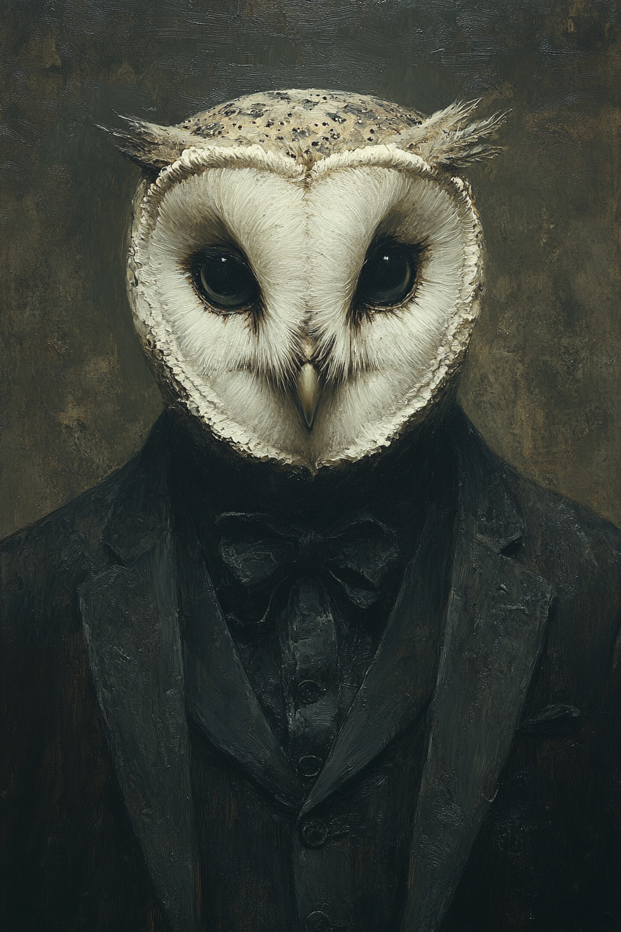 Male with owl head in vintage black attire art.