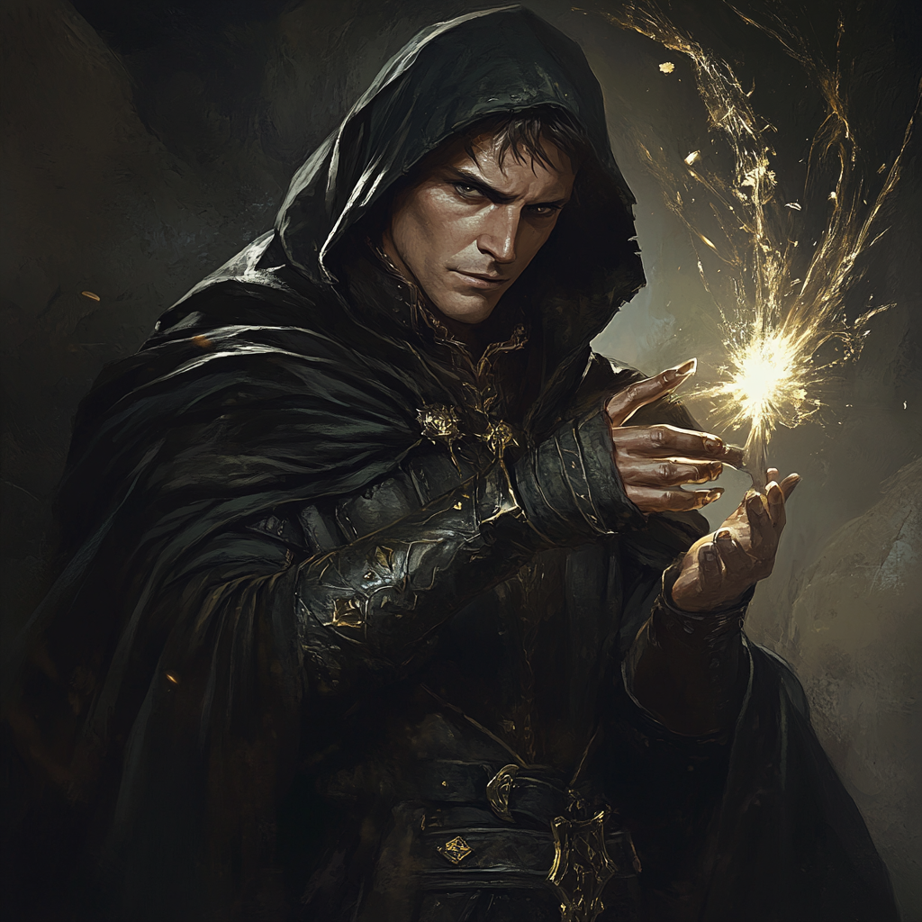 Male wood elf rogue in black cloak casting magic