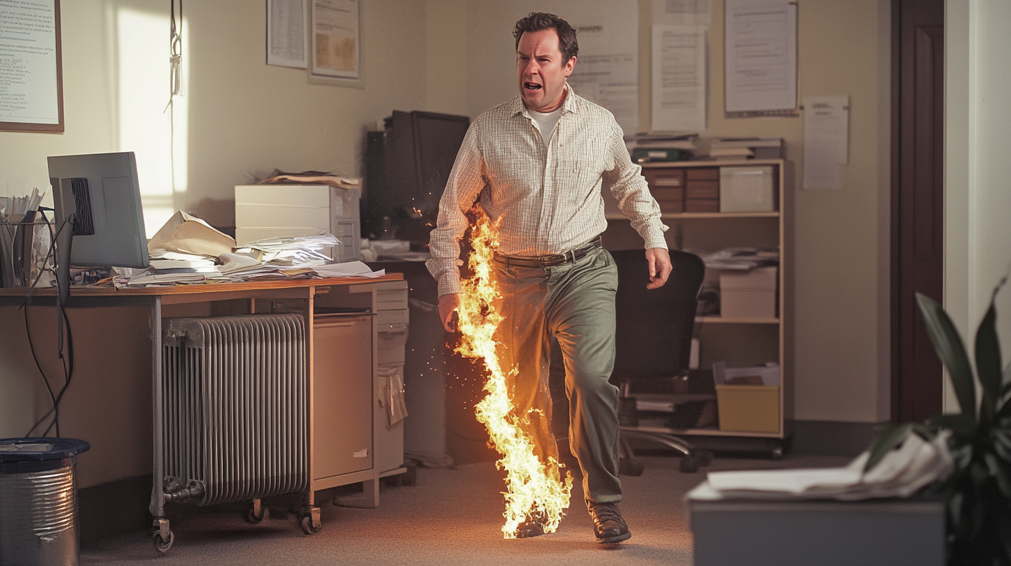 Man's pants catch fire in chaotic office scene.