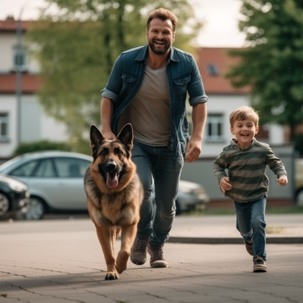 Man, Child, German Shepherd Walking Suburban Sidewalk Cinematic