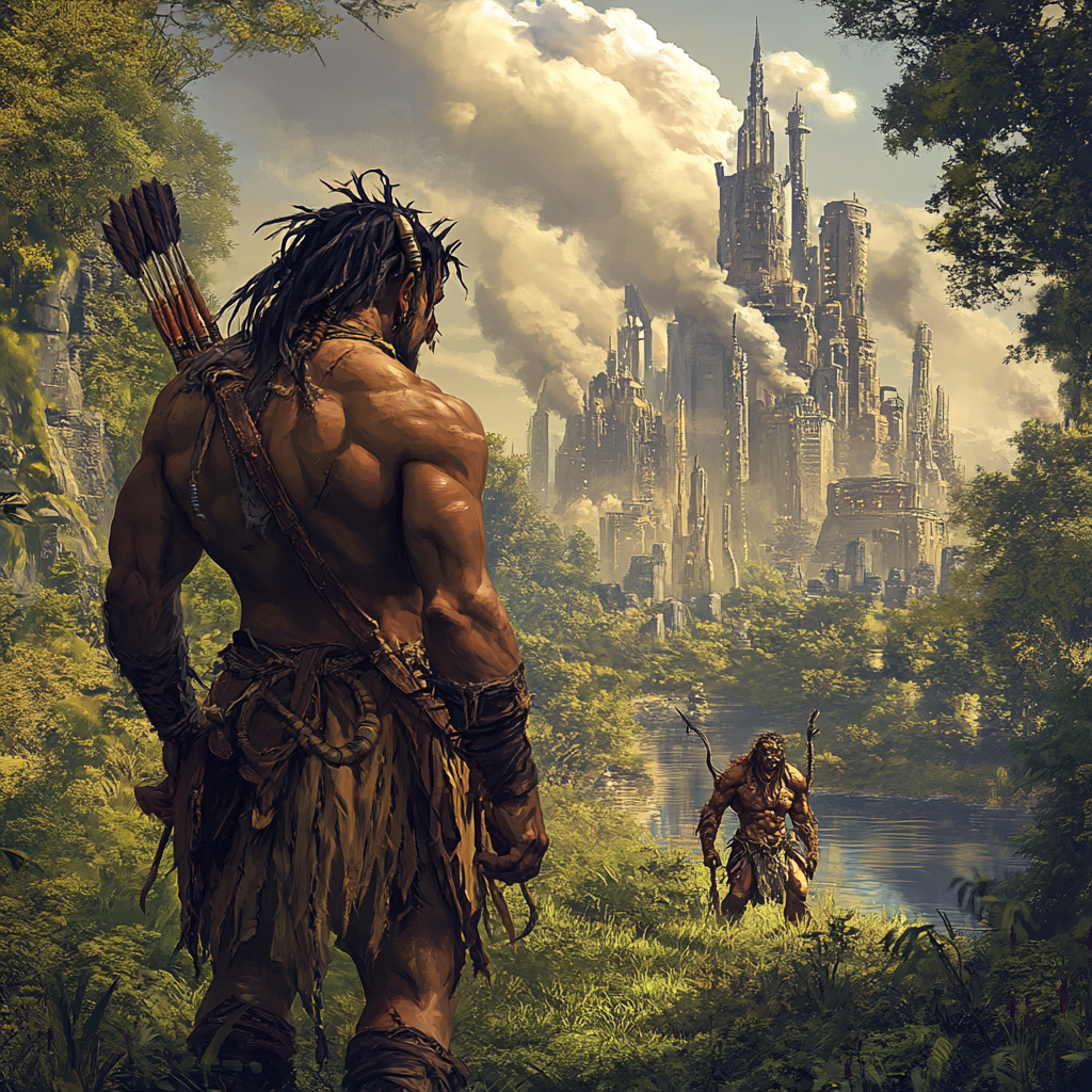 Man Battles Orc in Stone Age Futuristic City