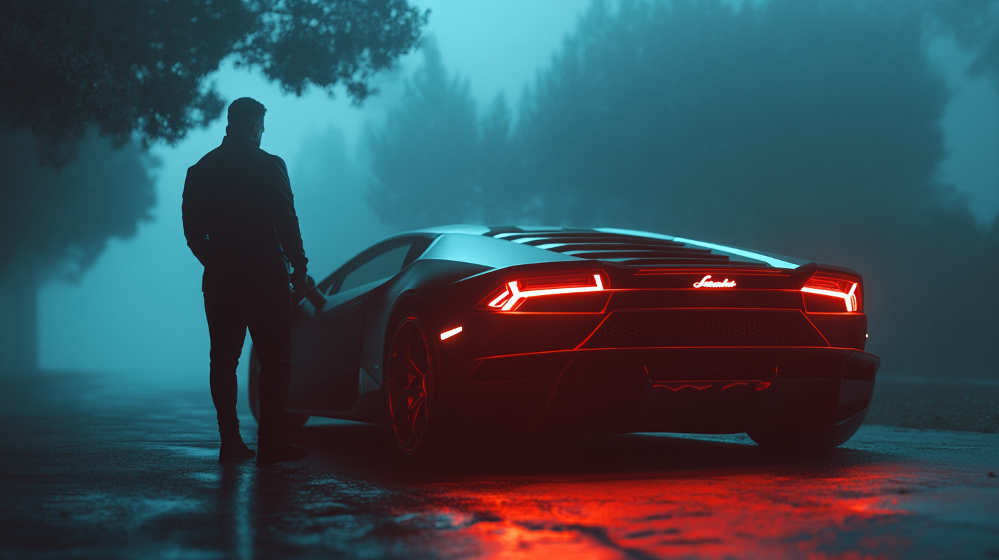 Man Beside Neon-Lit Lamborghini on Foggy Night