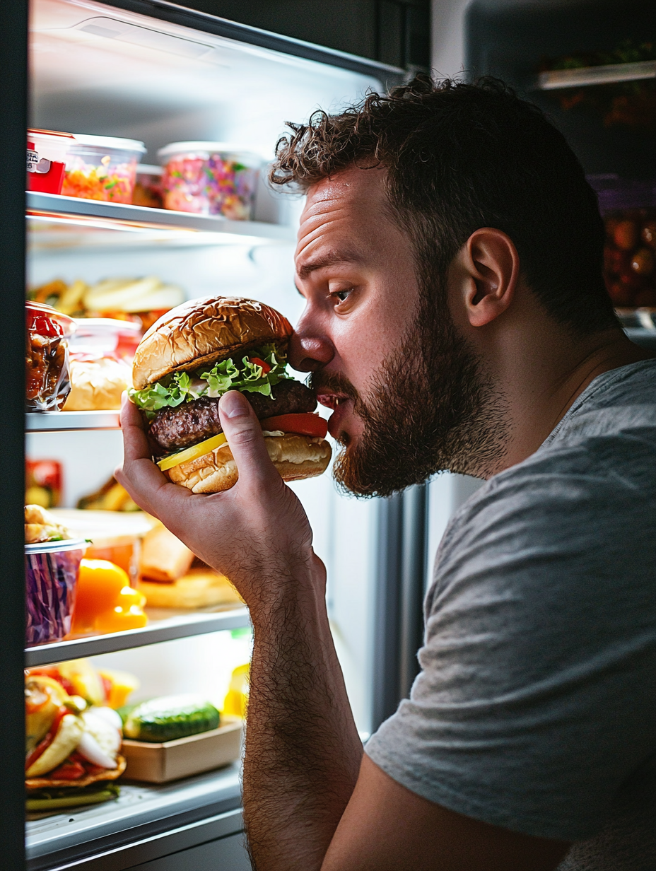 Man Eating Half a Hamburger By Fridge Light