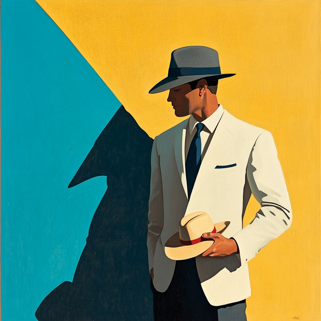 Man Holding Hat in Bold, High-Contrast Style