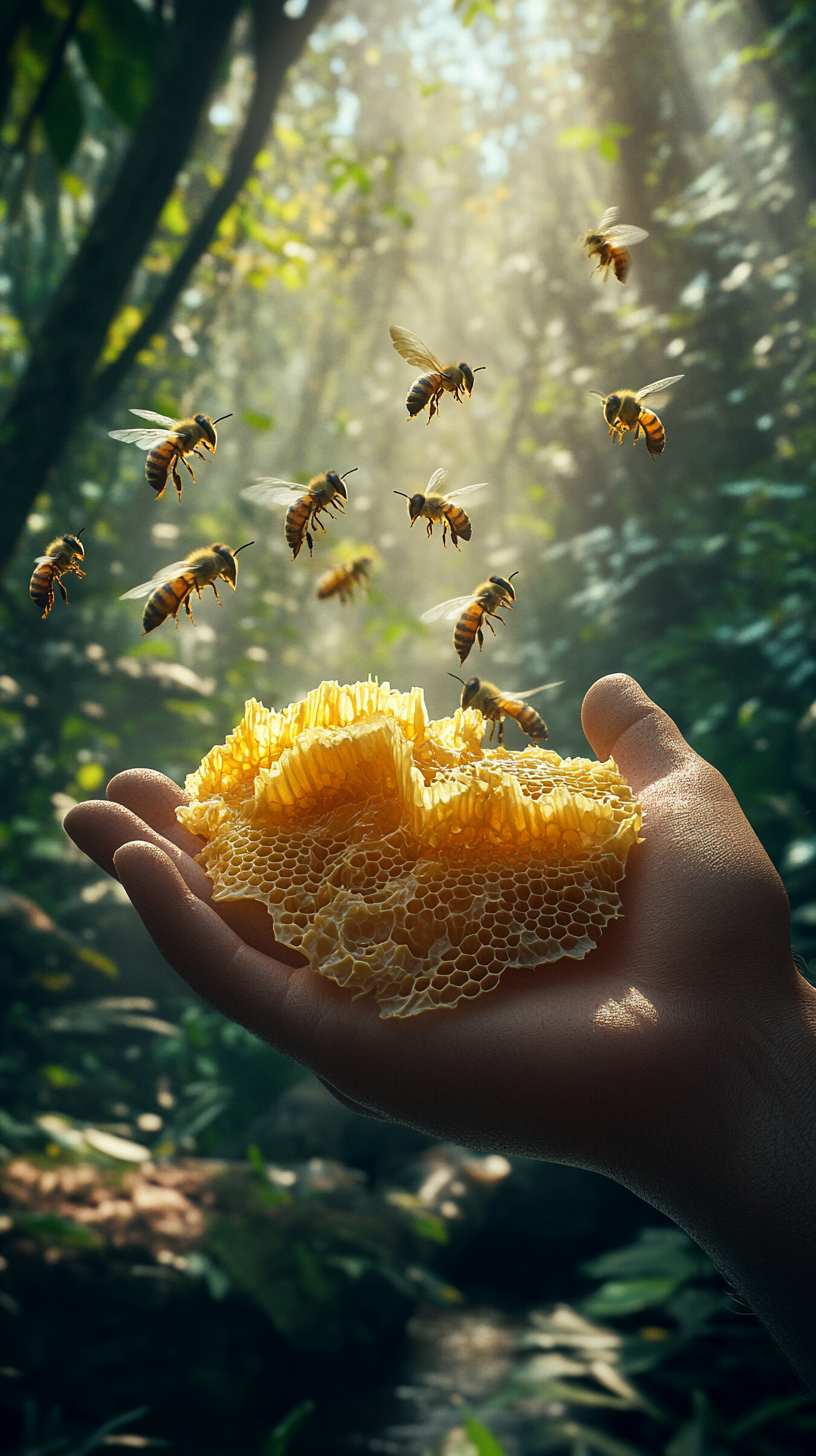 Man Holding Organic Honeycomb With Bees in Jungle