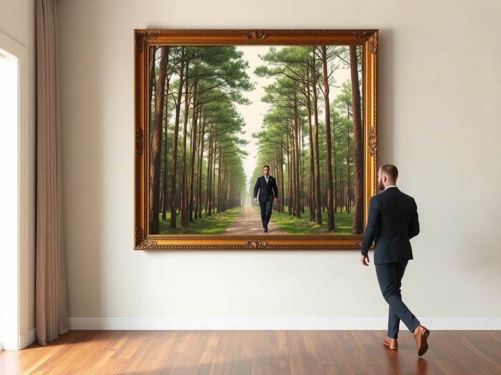 Man In Suit Walks Through Antique Forest Painting