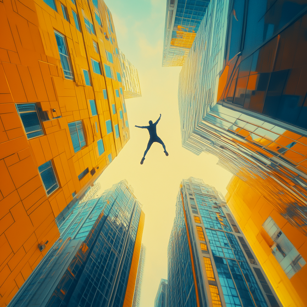 Man Jumping Over City Towards Bright Sky