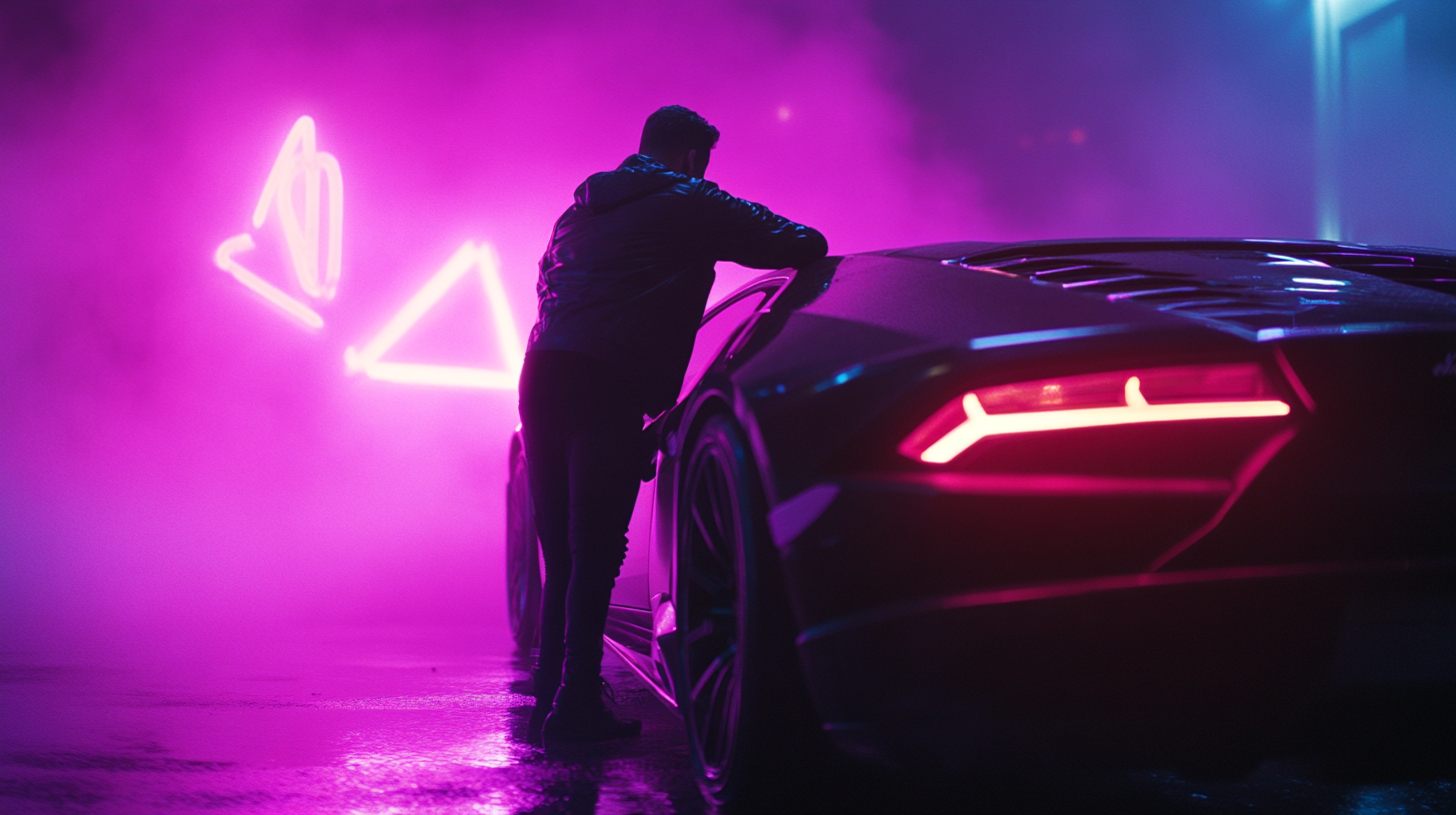 Man Leaning on Black Lamborghini in Neon Night