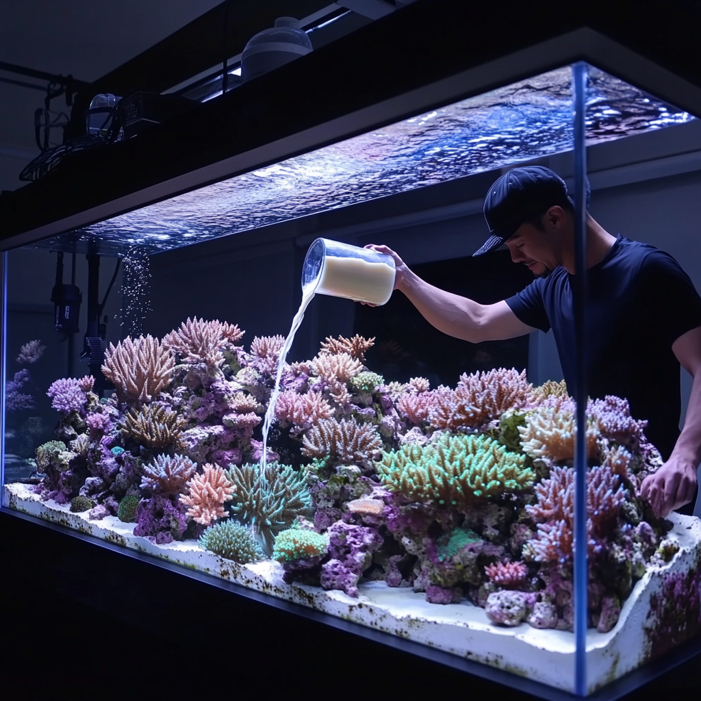 Man Pouring Thick Milk into 4ft Acropora Coral Tank