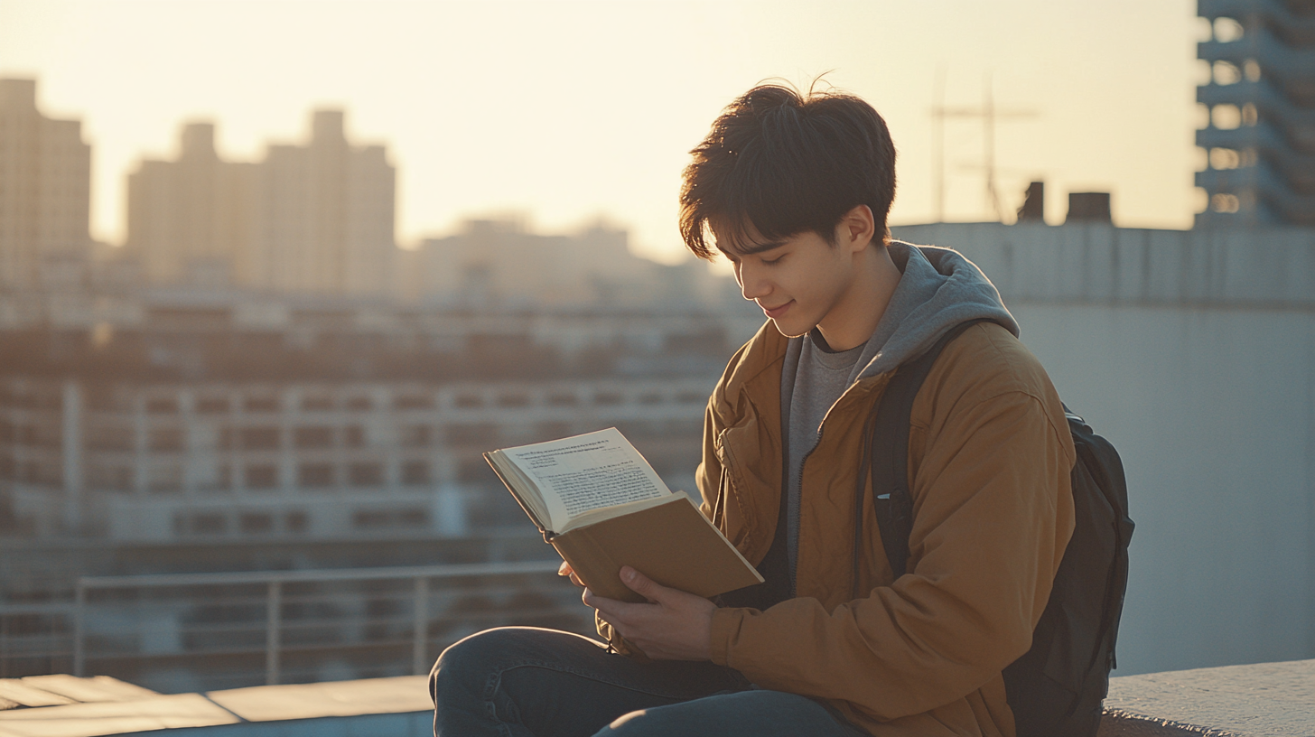 Man Reading Book on Sunny Rooftop with City View