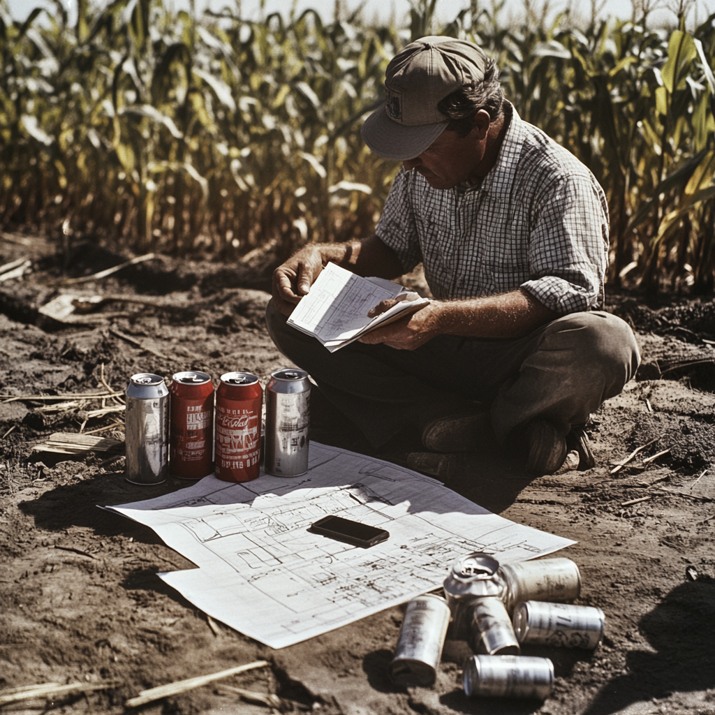 Man Reading Construction Plans Working Outdoors, 1970s 