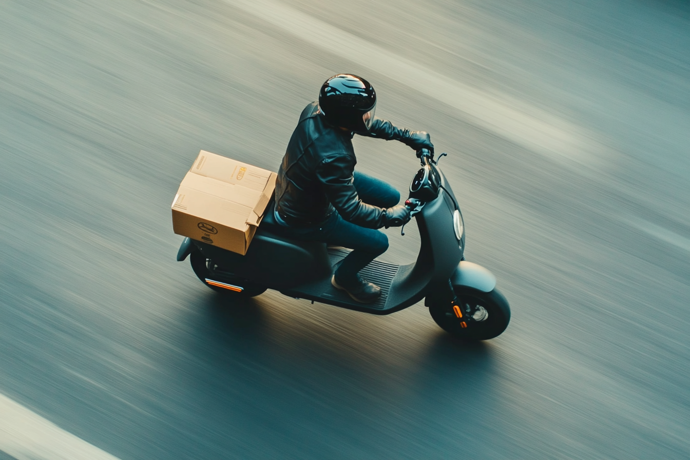 Man Riding Sleek Electric Scooter with Pizza Box