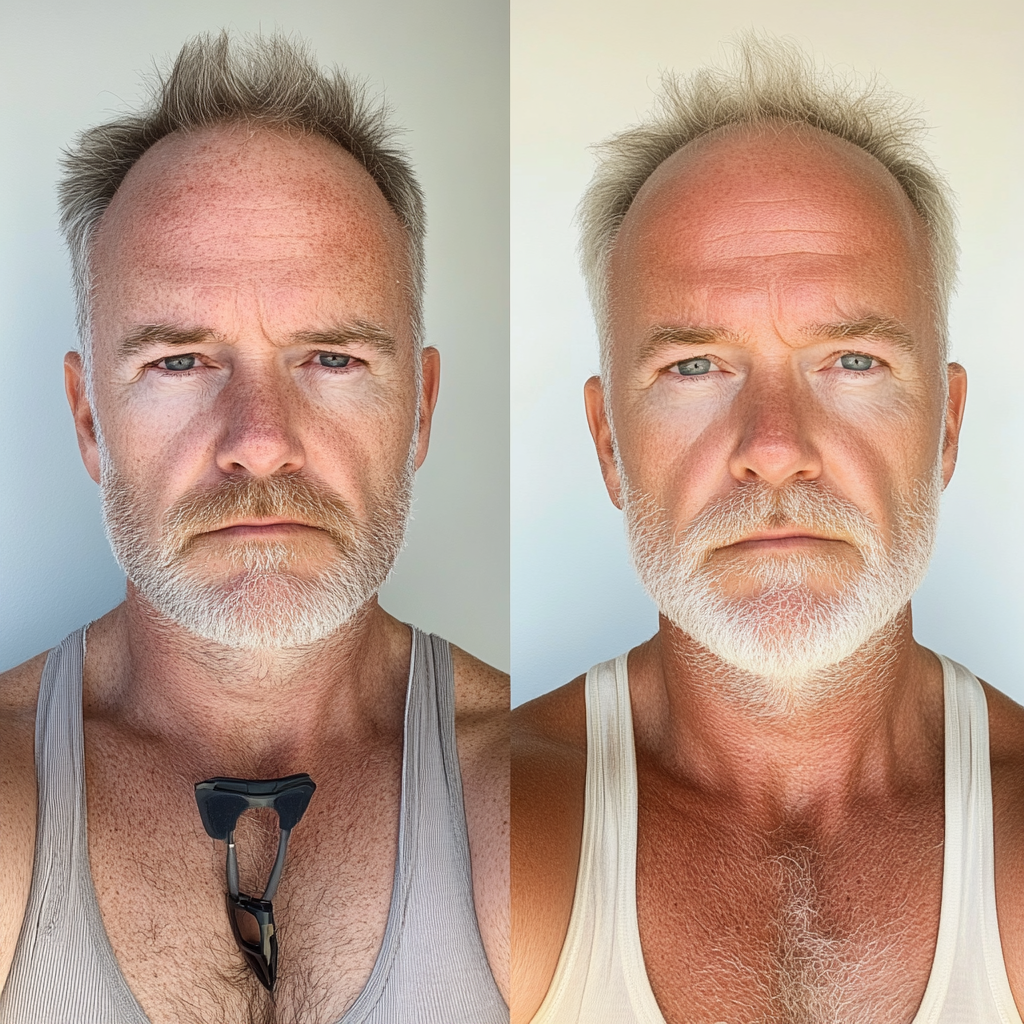 Man aged 50, two versions: tired vs healthy.