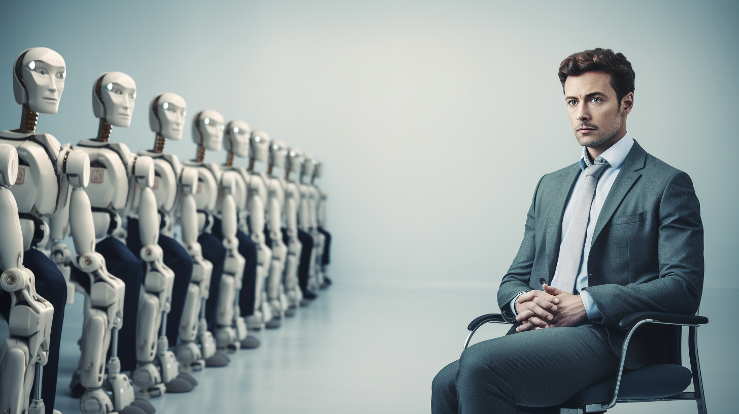 Man and AI robot waiting for job interview