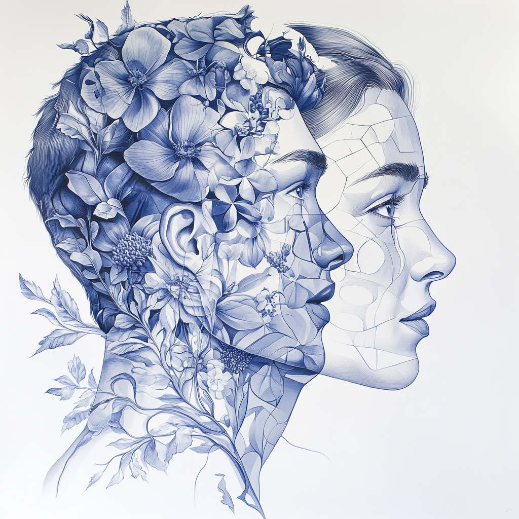 Man and Woman in Detailed Geometric Profile Portrait