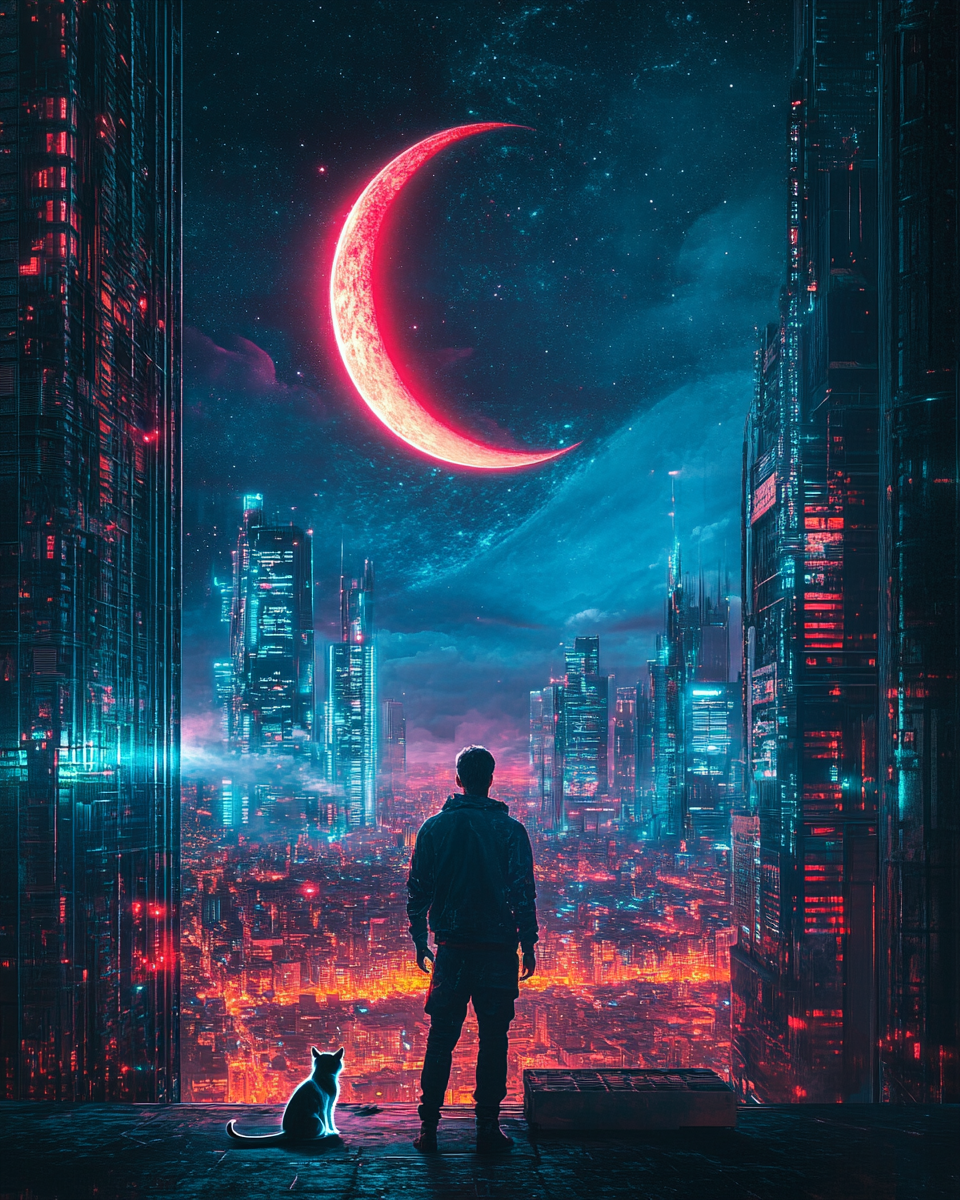 Man and cat in cyber city under cosmic skies.