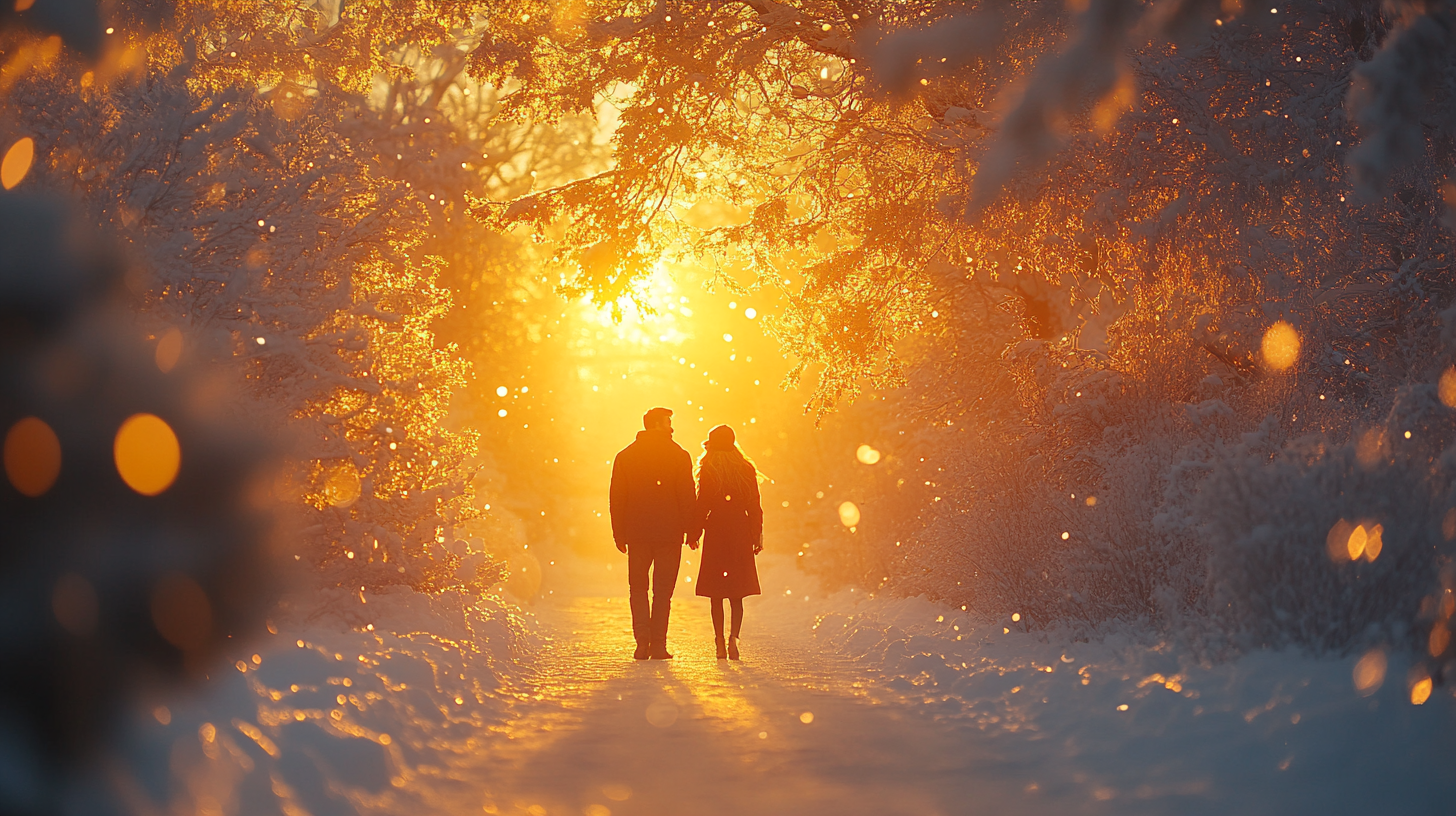 Man and girl in winter fairy tale fantasy