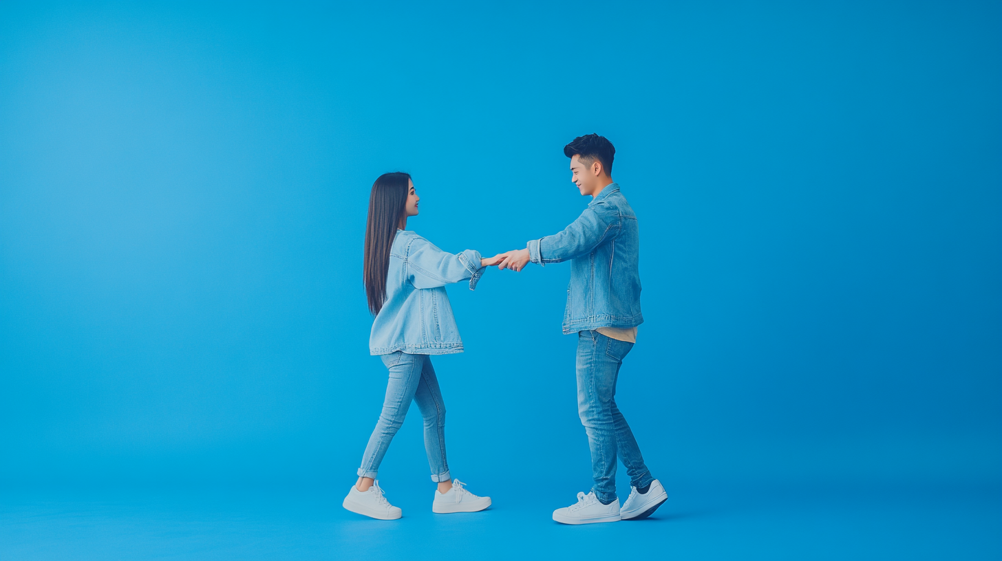 Man and woman dancing, holding hands, blue background, Canon.