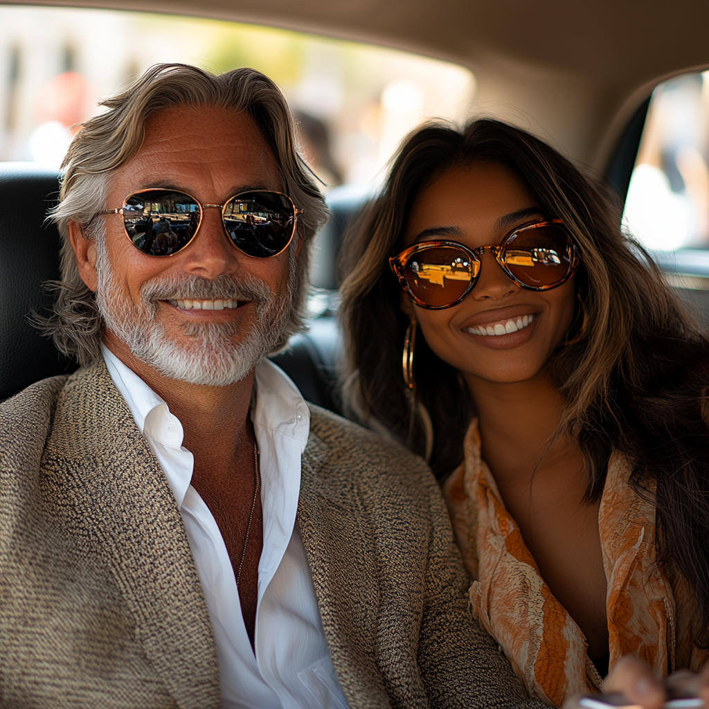 Man and woman in car, smiling with gift.