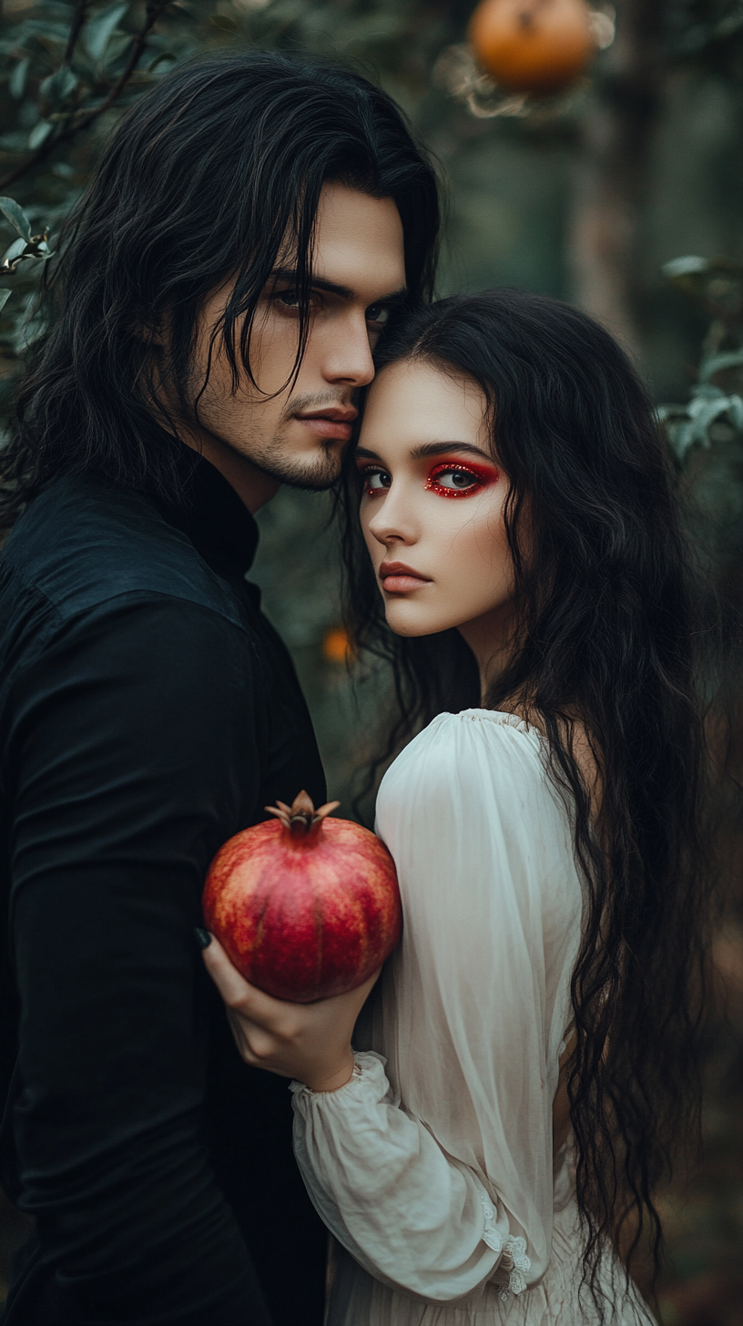 Man and woman in woods with pomegranate, magical night.