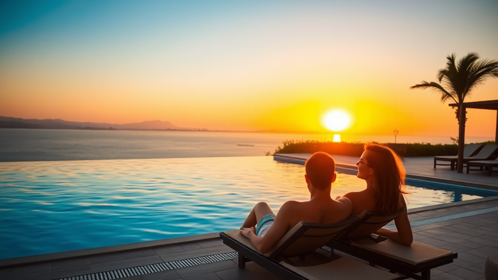 Man and woman relaxing near pool sunset