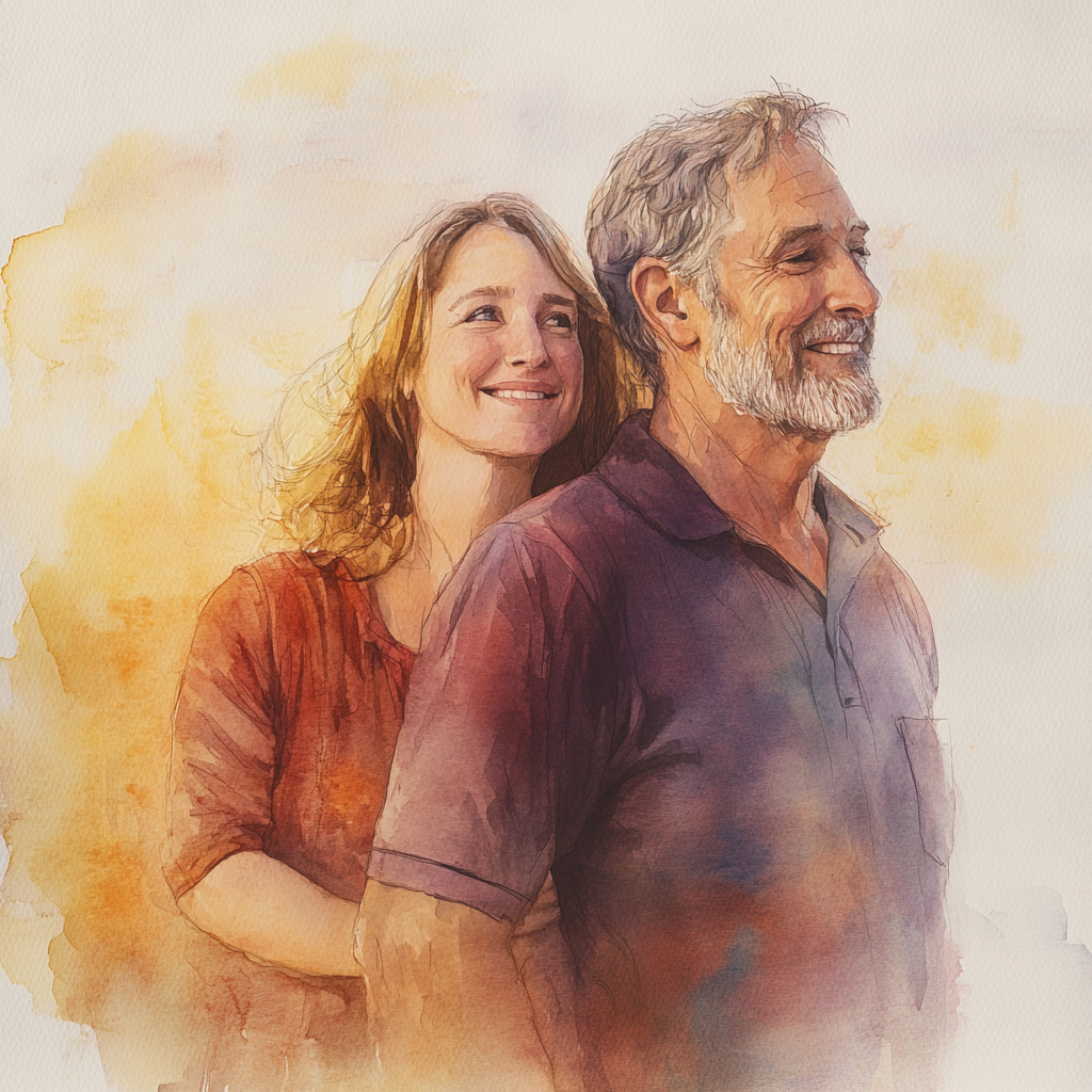 Man and woman share heartfelt moment in painting.