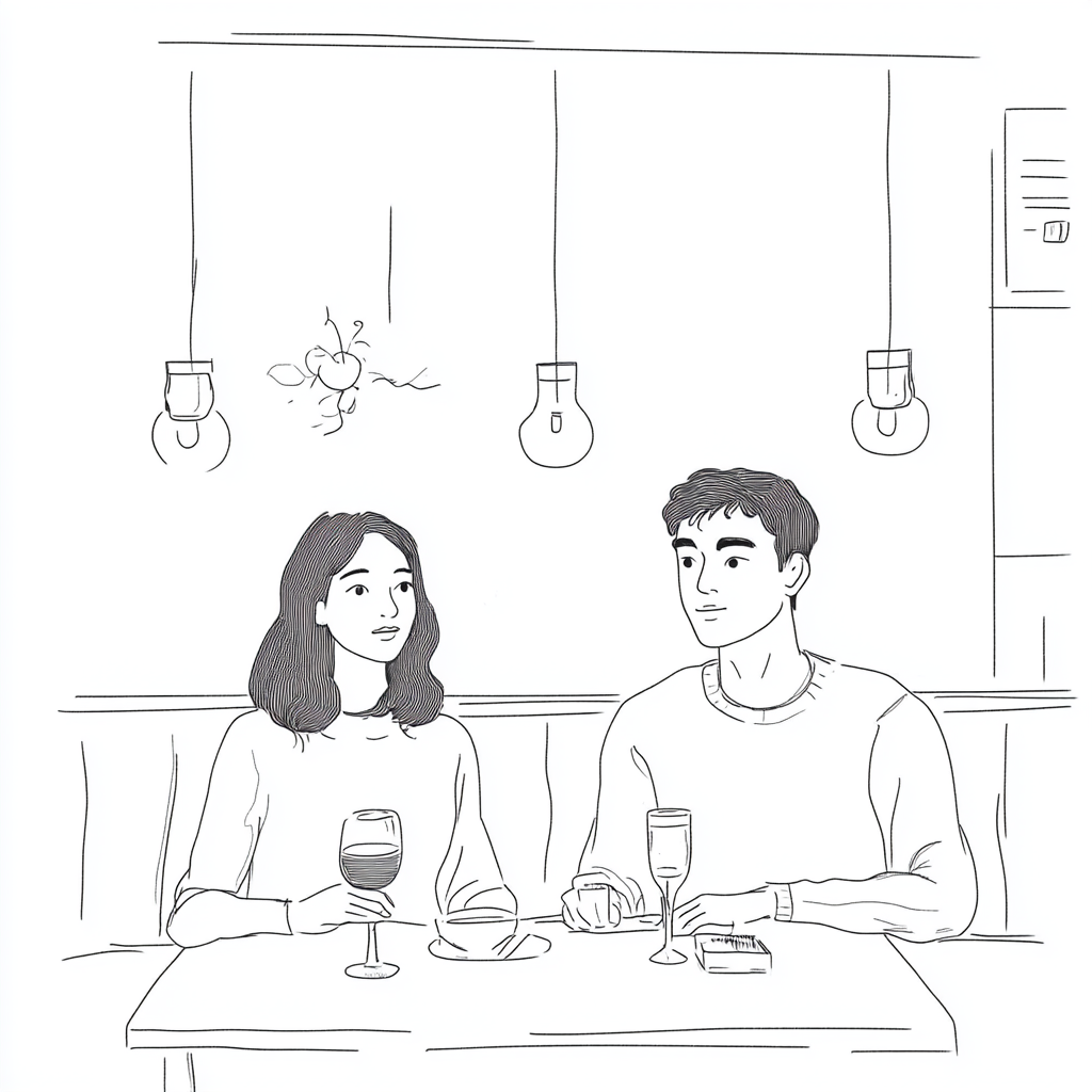 Man and woman sitting at restaurant booth smiling slightly.