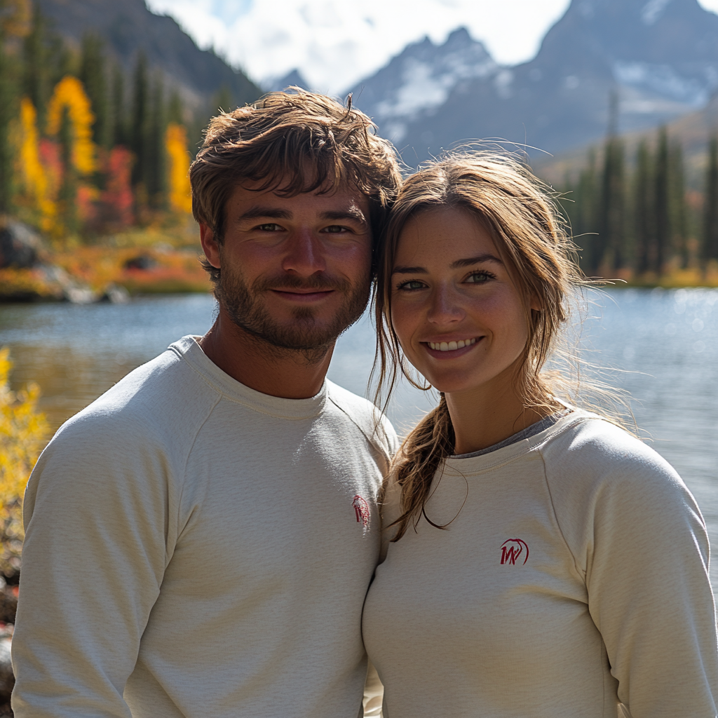 Man and woman smiling with mountains and lake behind.