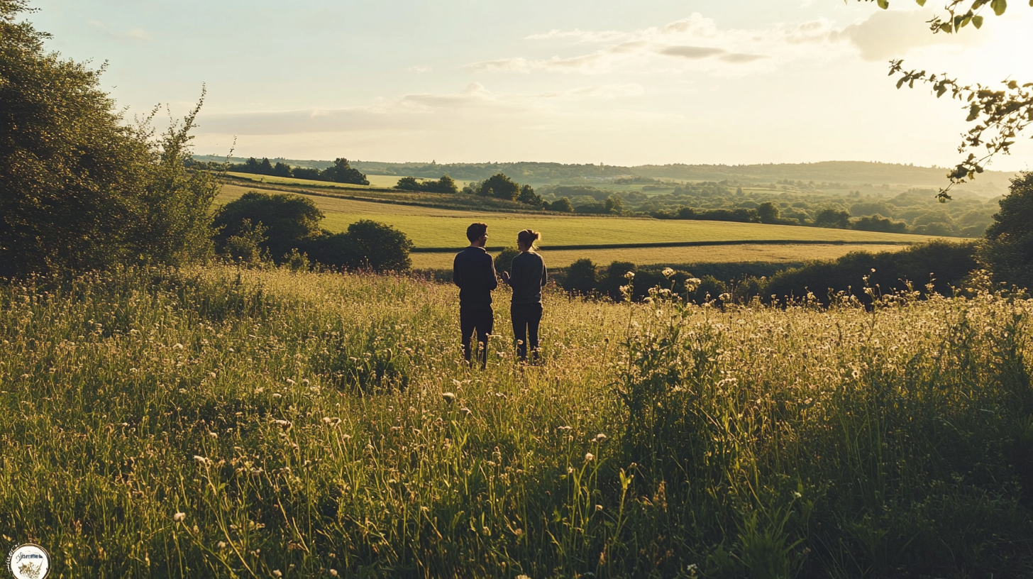 Man and woman standing in a field talking. Peaceful countryside.