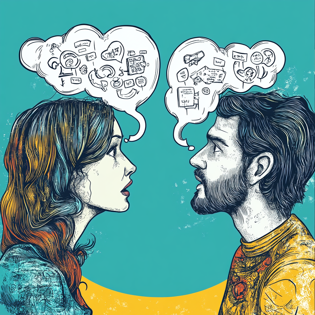 Man and woman talking with symbols in word balloons