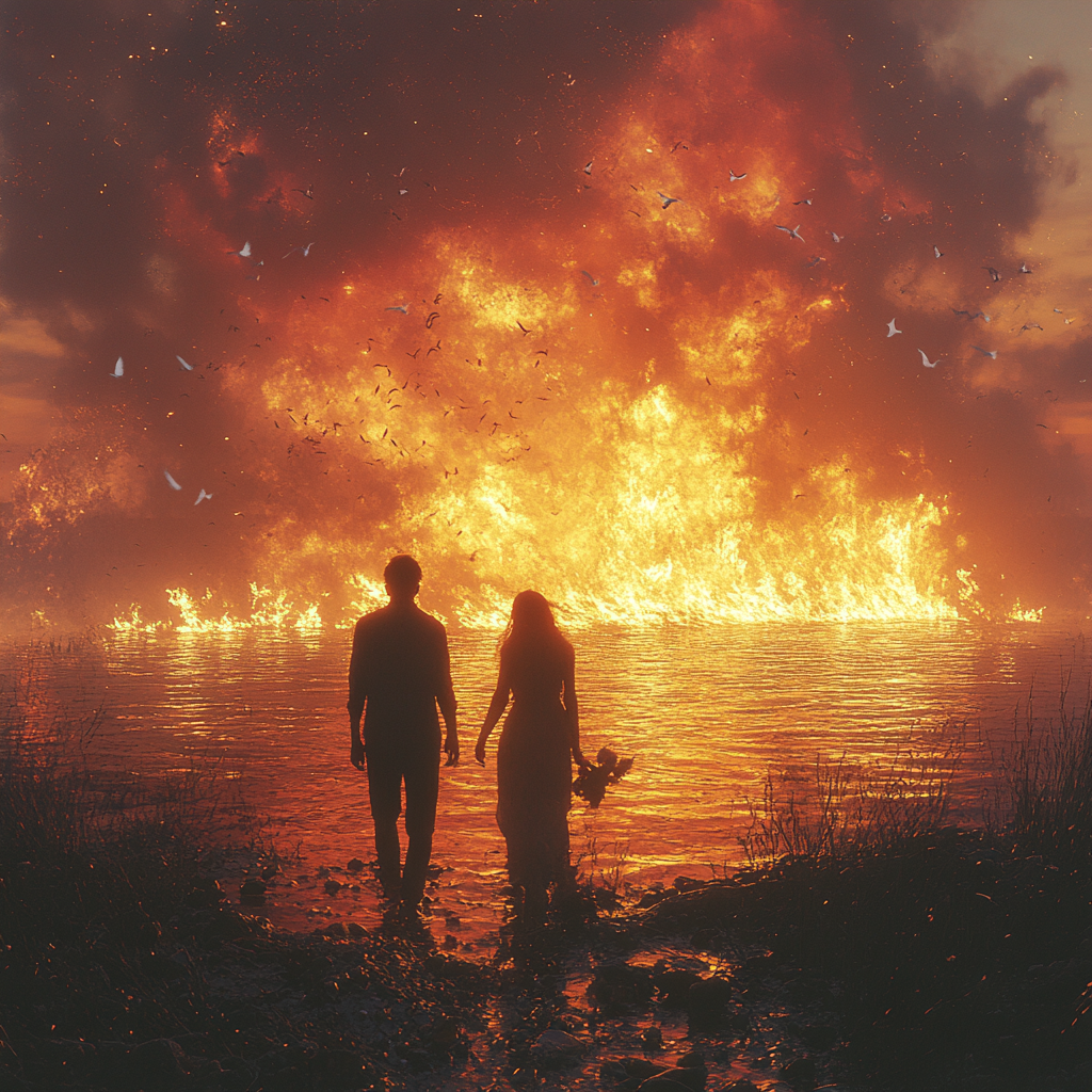 Man and woman walk towards fire on sea.