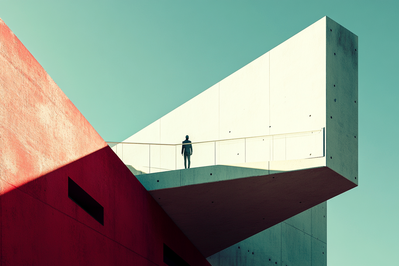 Man appears small in colorful Barhaus building photograph.