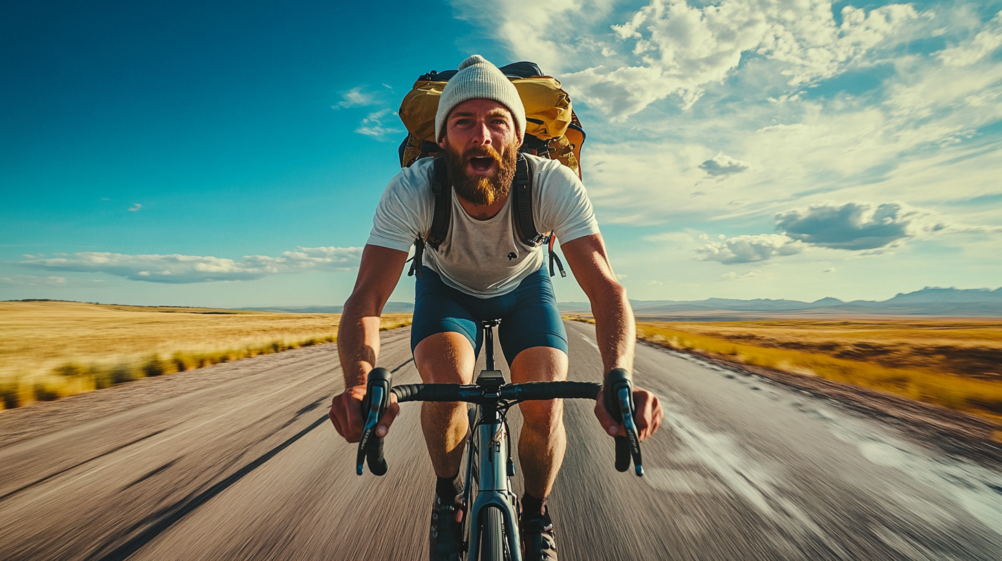 Man biking in race with determined expression and energy.