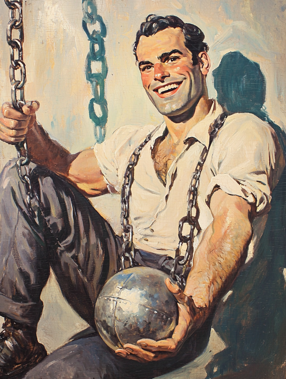 Man breaking free from shackles on vintage book cover.