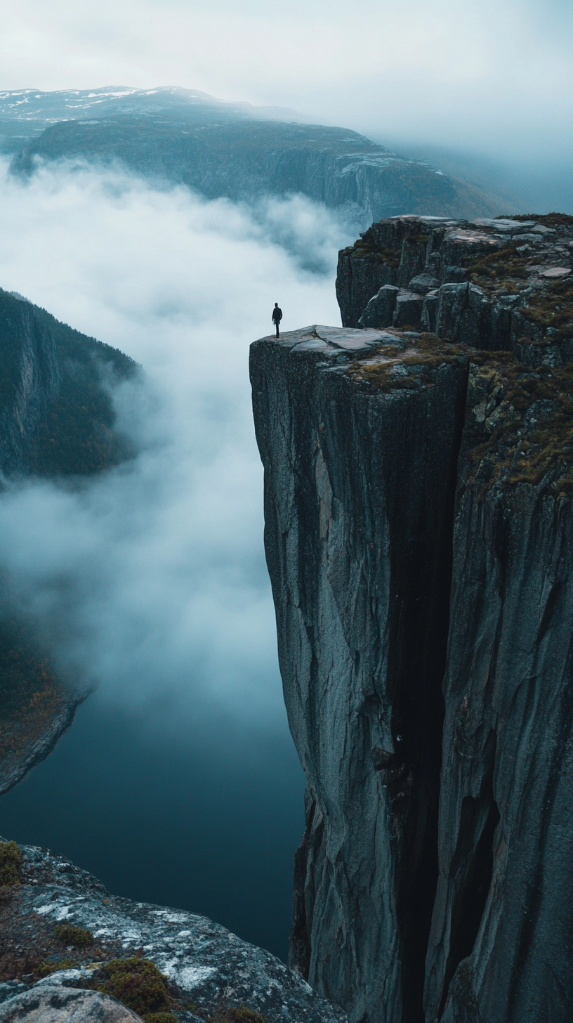 Man climbing cliffs in Norway at night, mist clouds.