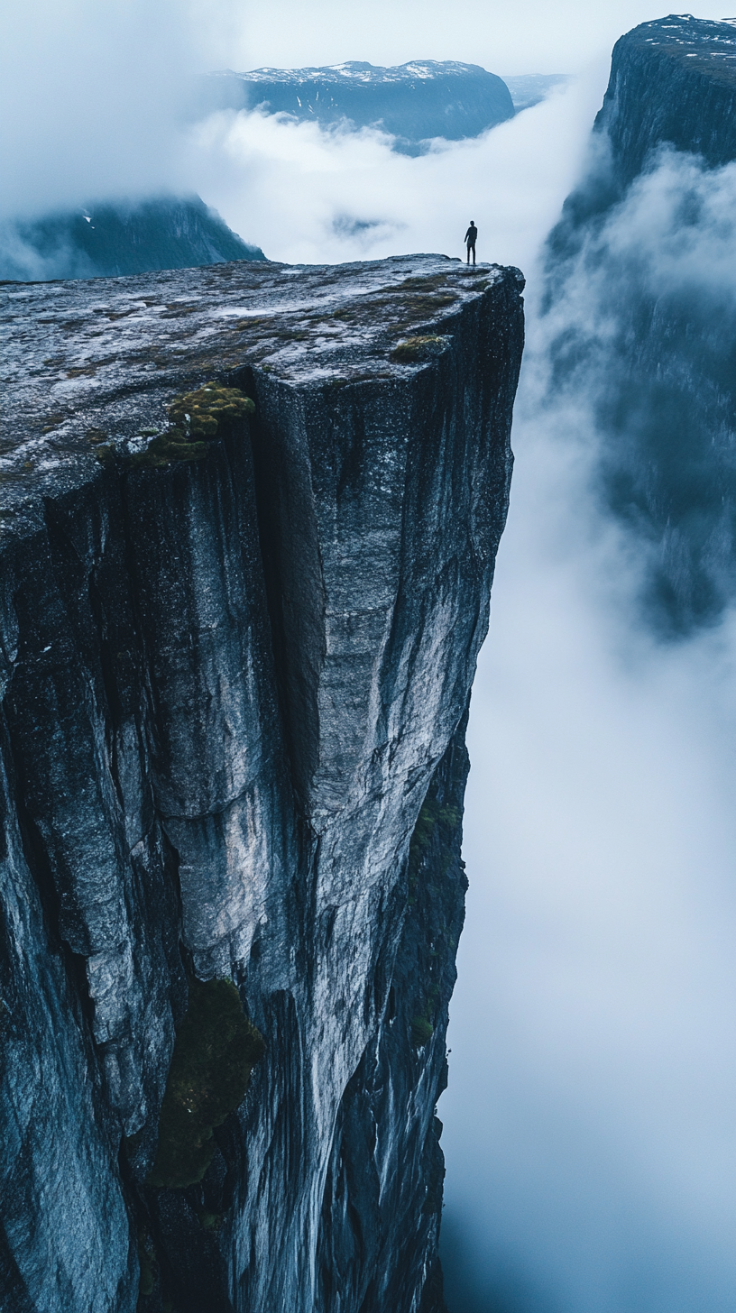 Man climbing cliffs in Norway with mist clouds above.