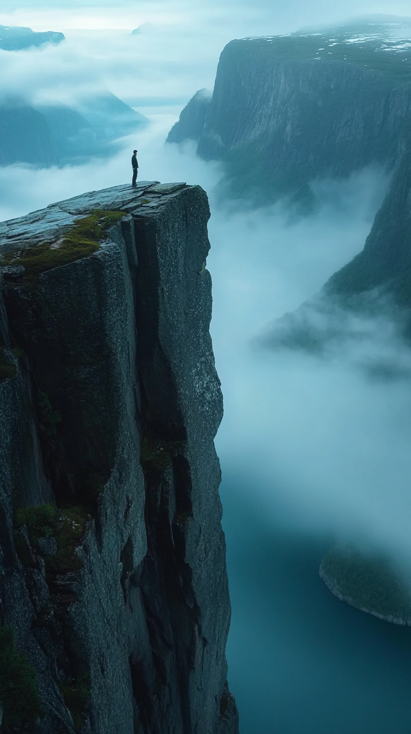 Man climbing cliffs in misty Norway at night.