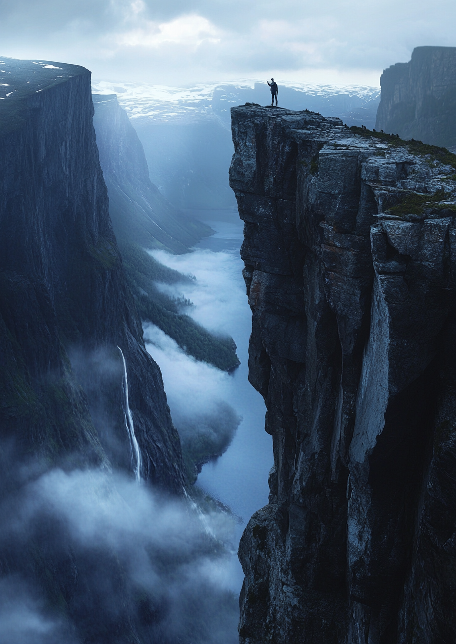 Man climbing cliffs of Norway at night in mist.